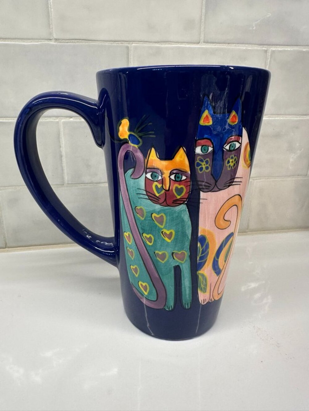 Laurel Burch 1997 JOY CATS HANDPAINTED TALL COFFEE LATTE MUG in ROYAL BLUE